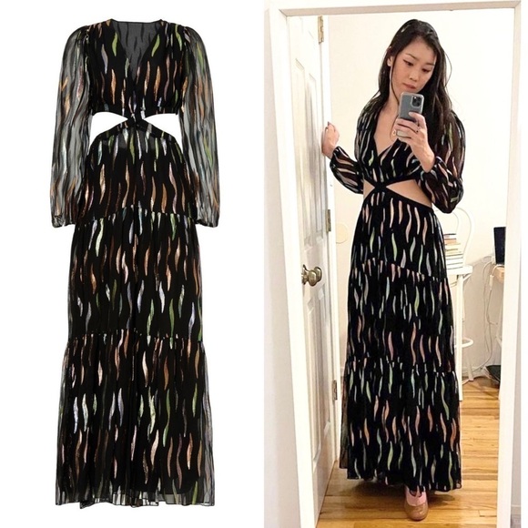 SHOSHANNA Rainbow Metallic Chiffon Puff Long Sleeve Cutout Waist Maxi Gown 10 - Picture 8 of 12